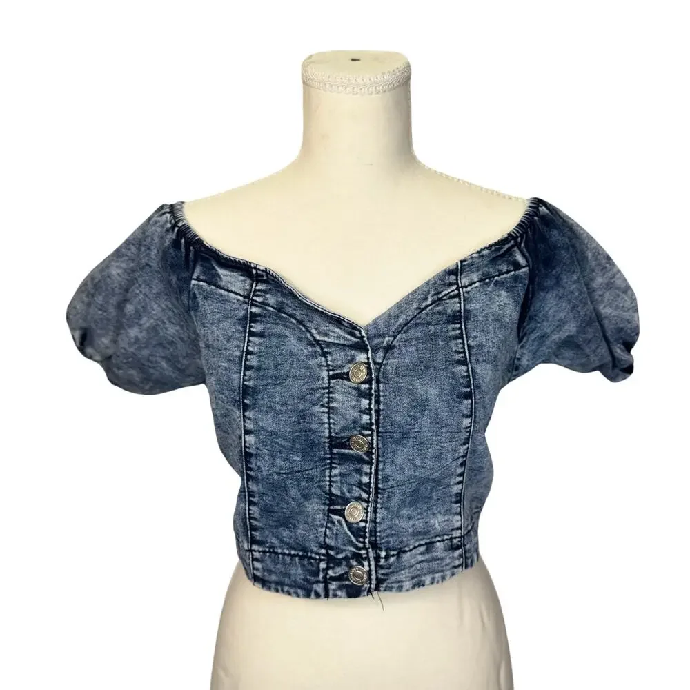Denim Crop Top Puff Sleeve Women’s XL Acid Y2K Western Coquette Festival Rodeo - Picture 1 of 16